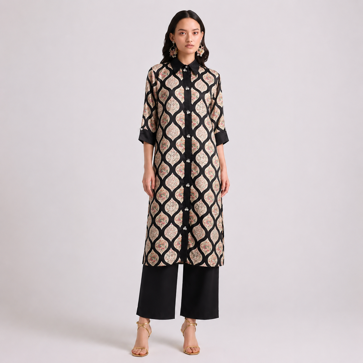 Women's Black and Beige Geometric Print Long Shirt with Contrast Cuffs